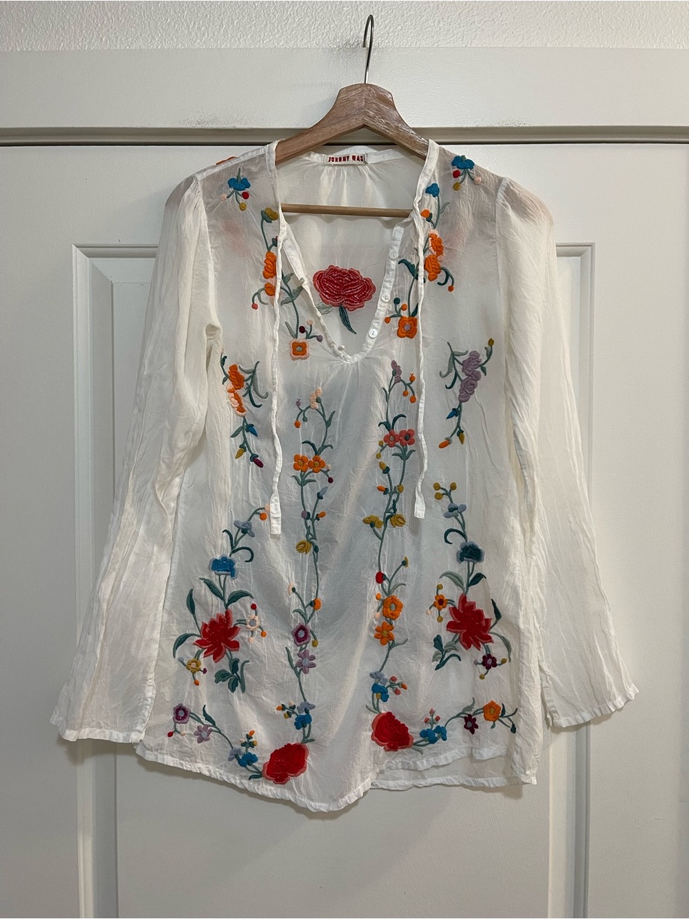Johnny Was Floral Embroidered Sheer Top